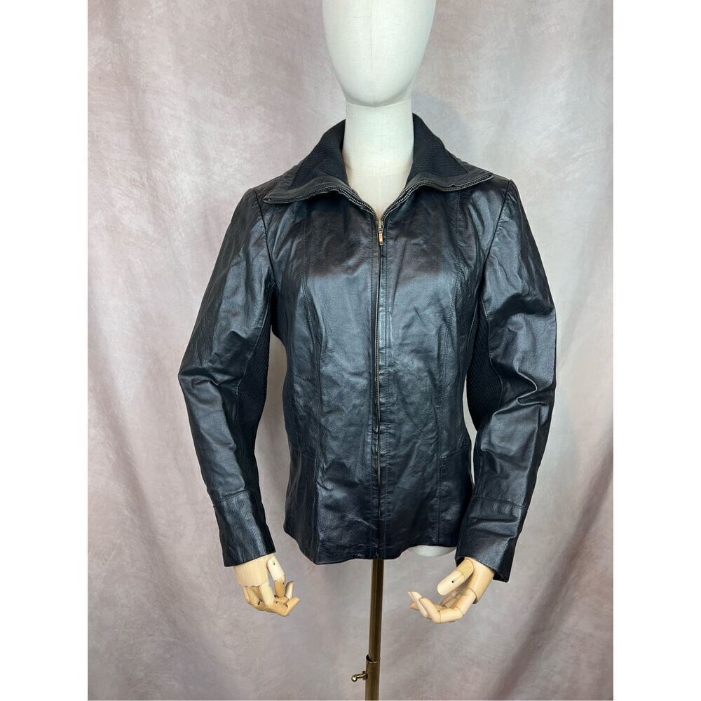 90s Y2K Coldwater Creek Black Leather Bomber Jacket Size Medium